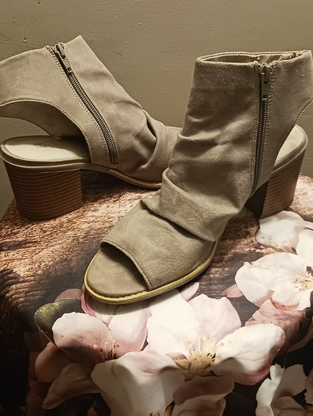 White Mountain Taupe Open-Toe Suede Ankle Booties